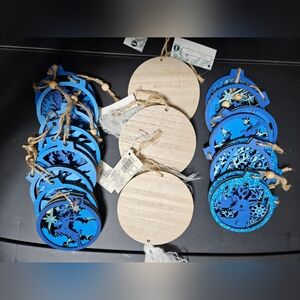 Wood Engraved Blue Tan Christmas Ornament Round Deer Silhouette Pack of 17 New